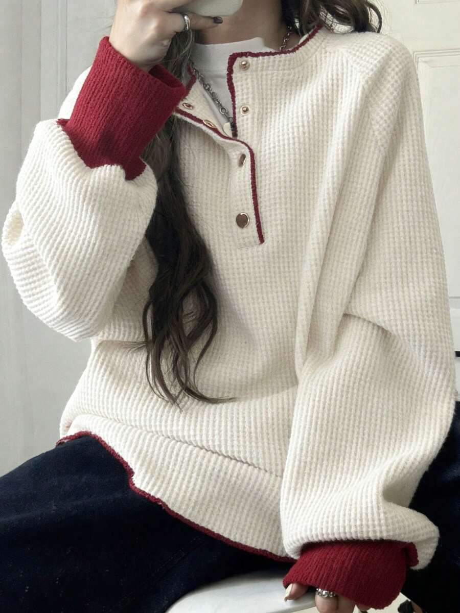 FRIFUL Áo thun dài tay nữ phối màu, cài cúc nửa cổ, kiểu dáng thường ngày. - Màu be - Xem 1