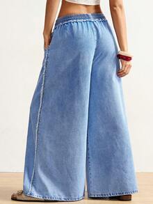 Bohemela Quần jeans nữ cạp cao, ống rộng, co giãn, thiết kế dáng rộng hình bướm và chất liệu vải mỏng nhẹ. Màu xanh nhạt. Thích hợp cho mùa hè, xuân, ngày lễ tình nhân, lễ hội, đi biển, du lịch, mặc thường ngày. - Rửa nhẹ - Xem 2