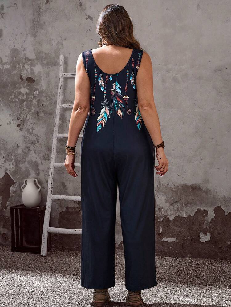 Plus Size Summer Vacation Feather Print Round Neck Jumpsuit Spring To Summer Carnival Women Look 2026 Beach Outfit Vacation Outfits Women Casual Women Outfits Fasching Women Costume Summer Outfit For Women Carnival Costume For Women Beach Outfit Holiday Outfits