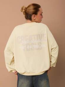 SURIMA 休闲简约印花连帽长袖宽松女式卫衣 - 米色 - 查看 5