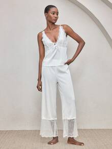 Ocili 两件套波西米亚风蕾丝边吊带背心和睡裤睡衣套装，舒适女士睡衣 - 白色 - 查看 4