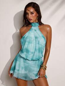 SHEIN BAE 女士夏季度假扎染收腰露背吊带连衣裙 - 綠色 - 查看 5