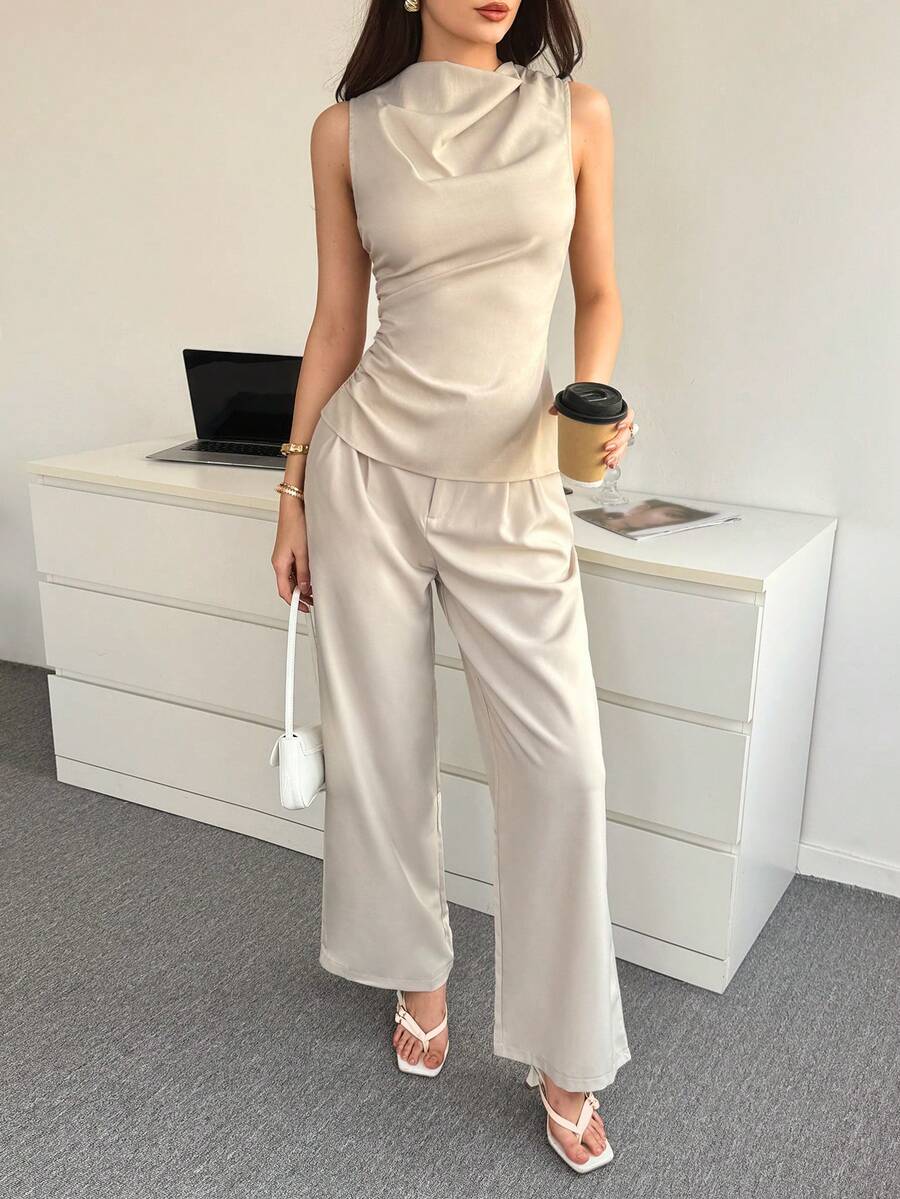 Modelyn Women's New Casual Elegant Simple Versatile Daily Commute Outfit, Featuring Pleated Waist Ruffle Trim, Asymmetric Hem, Stand Collar, Sleeveless, Soft & Comfortable Fabric Top/Tank - Khaki - View 1
