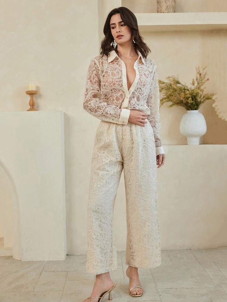 Spring/Summer Elegant Lace 2-Piece Set, Casual Shirt Top And Straight Leg Pants Suit, Commuting Outfit, Old Money Style