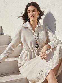 Dazy-Less Spring & Summer Elegant Midi Dress, Waist Cinched Design, Suitable For Dates, Weddings, Parties, Casual Vacations, Commuting - Beige - View 9