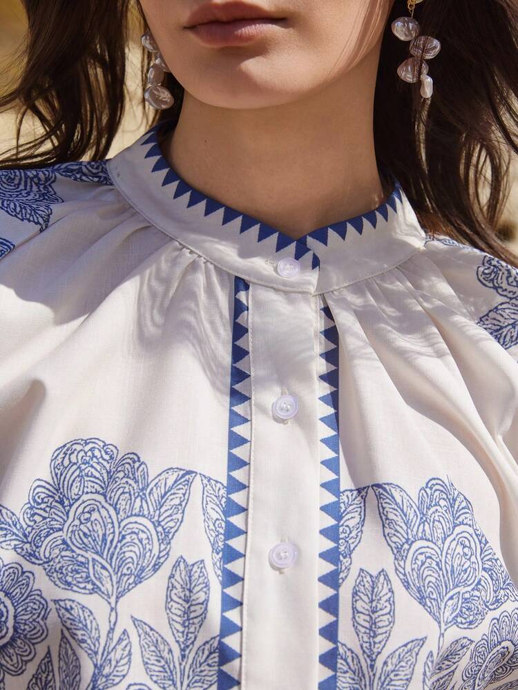 Women's Floral Print Raglan Sleeve Single-Breasted Shirt, Vacation Wear Boho