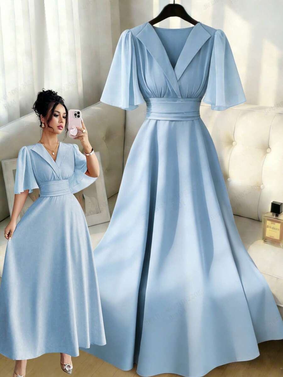 Elenzga New Women's Collared Waist Pleated Chiffon Patchwork Ruffle Sleeve Design Casual Vacation Everyday Elegant Dress - Baby Blue - View 1