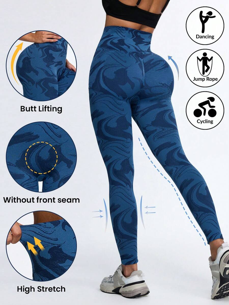 Eassivo Eassivo Women's Blue Seamless High Waist Scrunch Butt Leggings, Marble Print Stretch Yoga Pants, Tummy Control Gym Workout Activewear,Seamless High Elasticity Water Wave Pattern Leggings - Navy Blue - View 1