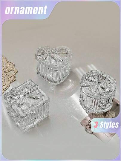 1pc Crystal Glass Jewelry Box With Bow-Knot Lid, Transparent & Delicate Multi-Function Small Storage Box, Suitable For Jewelry Organizer On Vanity, Decor In Living Room & Bedroom, Perfect Gift Sun Travel Cool Back To School