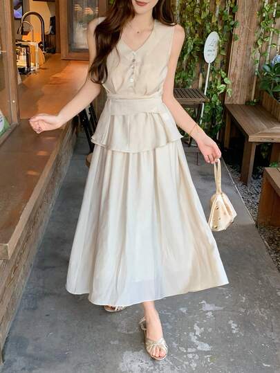 DAZY Women's V-Neck Satin Sleeveless Blouse & Skirt 2-Piece Set, Korean Style, Elegant For Party, Spring/Summer