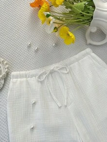 Elamini 女士夏季白色纯色休闲百搭长裤，抽绳腰带，带口袋，纯棉舒适宽松款式，百搭长裤 - 白色 - 查看 6