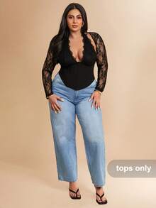 SHEIN BAE 大码女式撞色蕾丝吊带上衣 - 黑色 - 查看 5