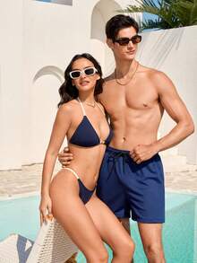 Manfinity VDAYZ Men's Drawstring Waist Casual Pocket Beach Shorts - Blue and White - View 4