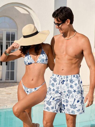 Manfinity VDAYZ Shorts de playa casuales para hombres con bloques de color y estampado aleatorio