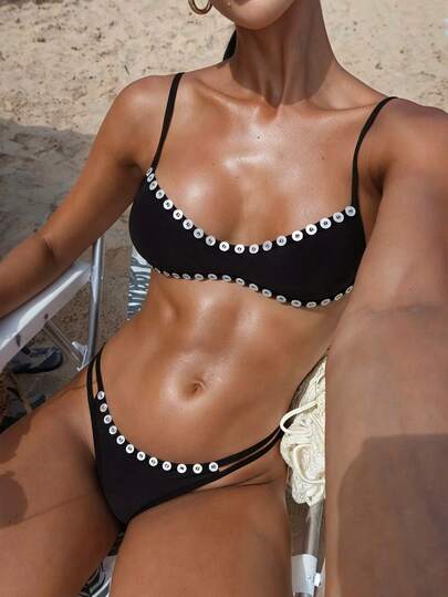 Swim SXY Sexy Bandeau Bikini 2 Pieces Swimsuit Set, Handcrafted Button Decor High Cut Swim Bottoms For Beach Vacation