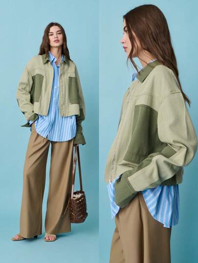 Nöista Chaqueta bicolor con cuello clásico, mangas largas, parches de contraste en los codos y los puños, y bolsillos delanteros con remaches metálicos. Una pieza destacada para looks de primavera-verano y capas casuales.