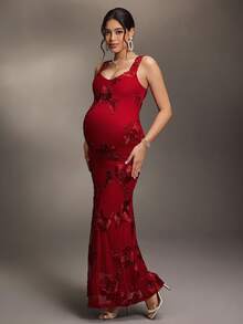 Cheriluna Maternity 孕妇写真美人鱼连衣裙，酒红色，修身剪裁，奢华刺绣，优雅迷人，适合婚礼、派对、宴会、海滩、夜生活、约会、秋季、情人节、圣诞节等各种场合。酒红色连衣裙，深红色连衣裙。 - 酒紅色 - 查看 4