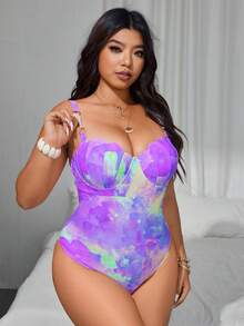 SHEIN Swim Curve 大码女士珍珠串珠交叉肩带带衬垫连体泳衣，时尚休闲度假 - 彩色 - 查看 5