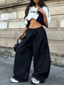 Coolane 女士休闲日常通勤简约纯黑色弹力腰侧口袋宽松阔腿裤 - 黑色 - 查看 2