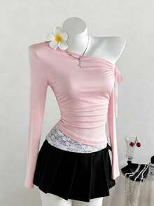SHEIN Sweetro Women's Halloween Outfit, Thanksgiving Outfit, New Year Outfit, Suitable For Party, Commute, Daily, Travel, Vacation. Pink Top With White Lace Asymmetrical Hem, Ribbon Tie Bow Design, Cute Pleated Fitted Slanted Shoulder Long Sleeve Top - Pink - View 1