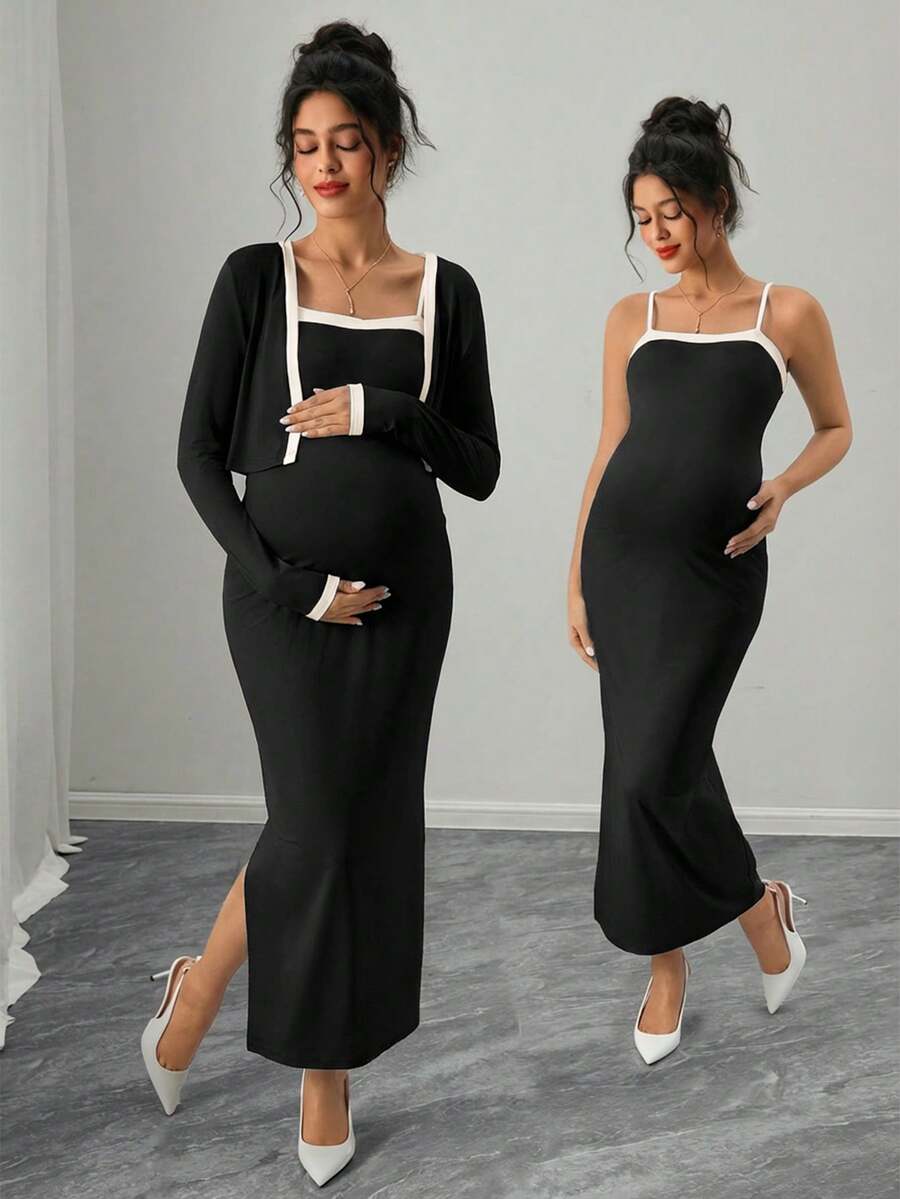 Momance 两件套孕妇拼接吊带连衣裙和长袖开襟上衣，休闲度假装 - 黑色 - 查看 1