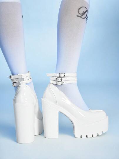 Sugerpunk 13厘米超高跟防水厚底玛丽珍鞋，带粗跟圆头，白色，适合派对、日常穿着、晚礼服，增高拉长腿部线条，舒适百搭的女士高跟鞋