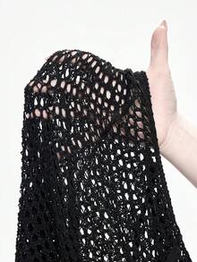 ROMWE Goth Western Boho Asymmetrical Fringe Design Hollow Sheer Poncho Sweater - Black - View 7