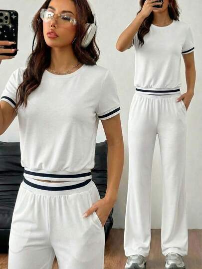 2 piezas Conjunto Deportivo Black & White:  blanco y negro casual Estilo y Comodidad para Todos tus Días elegante