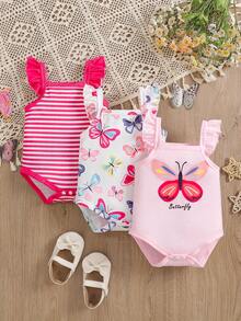 SHEIN Bộ 3 áo liền quần in họa tiết bướm và sọc cho bé gái, đáng yêu và - Nhiều màu - Xem 3