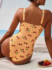 Swim Mod Women's Vacation Beach Plaid & Cherry Print One-Piece Swimsuit - Burnt Orange - View 2