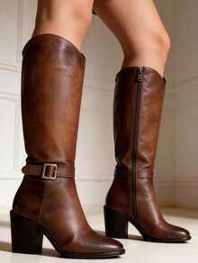 Bota Alta Tabaco con Tacón de 7 cm - Café - Ver 1