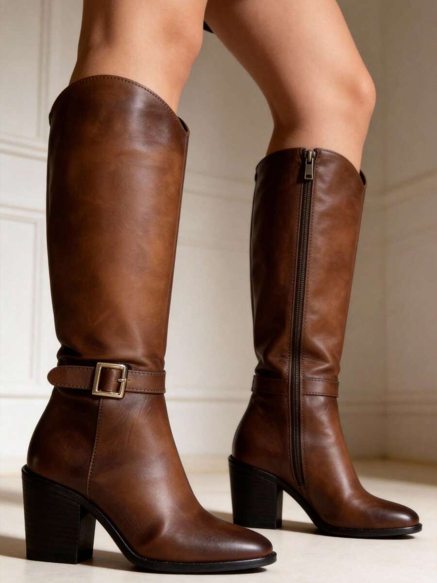 Bota Alta Tabaco con Tacón de 7 cm - Café - Ver 1