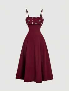 SHEIN MOD Petite Đầm hai dây đính ngọc trai cho nữ, đầm màu đỏ tía thích hợp đi học, trang phục đi học, đầm mùa thu, đầm dành cho giáo viên, đầm midi màu đỏ tía. - Màu Đỏ Sâu - Xem 5