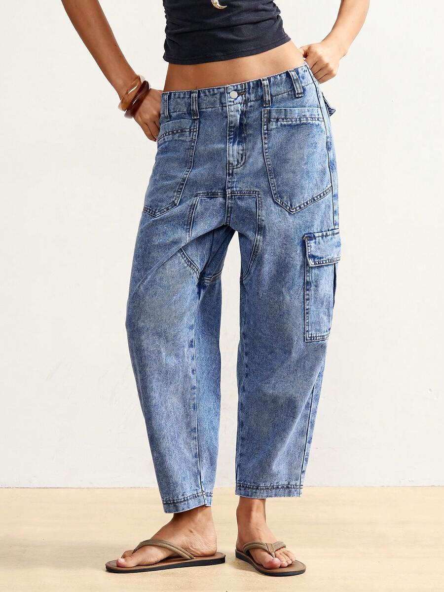 Bohemela 新款女士牛仔裤，宽松版型，低腰设计，实用口袋，锥形裤腿，休闲百搭，修身剪裁，9/10长度，蓝色。Y2K波西米亚风格，适合音乐节、夏季春季、海滩度假等场合。 - 淺色水洗藍 - 查看 1