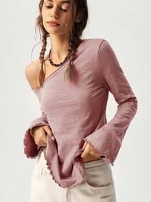 Bohemela Women Solid Color Long Sleeve Asymmetrical Neck T-Shirt, Vacation Style Long Sleeve Tops Women Tops One Shoulder Tops Bell Sleeve Tops Basic Tops - Pink - View 4