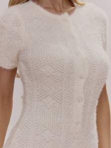 MUSERA Button Through Knit Pattern Fitted Crewneck Romper Cute Girly Sexy Spring Winter Going Out Daily Easter Sugar Swizzle - Cream - View 2