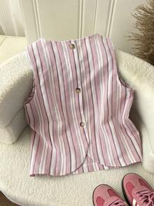 SHEIN LUNE 女士休闲条纹纽扣无袖衬衫 夏季女装 夏季上衣 春季女装 外出上衣 度假女装 夏季假期 粉色邮轮女装 背心 度假装 - 彩色 - 查看 7