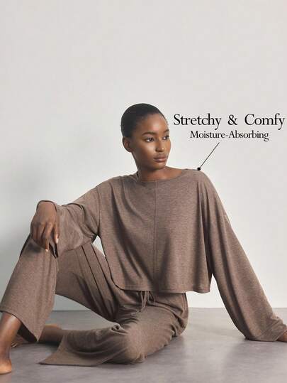 Ocili 2pcs Comfortable Soft Bamboo Knit Round Neck Long Sleeve Top And Pants Women Pajama Set, Summer