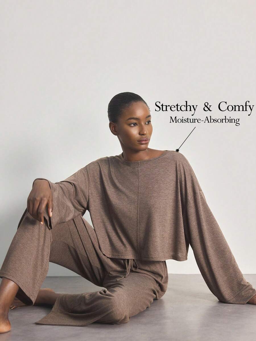 Ocili 2pcs Comfortable Soft Bamboo Knit Round Neck Long Sleeve Top And Pants Women Pajama Set, Summer - Coffee Brown - View 1