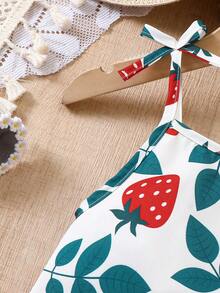 SHEIN Vintaside Kids Young Girls Summer Casual Fashion New Dress, Woven Fabric Strawberry Digital Print Pattern, Sleeveless Strap With 3D Bow Decor, Patchwork Hem Dress, Suitable For Young GirlCute & Charming, Casual & Fashionable, Suitable For Daily, School, Outing, Holiday, Beach, Vacation, Summer Outfit Girls Sleeveless Dress Kids Strawberry Dress Girls Aline Dress Girls Sundress Girls Midi Dress Girls Summer Dress Kids Strawberry Print Dress Girls Casual A-Line Dress Girls Sleeveless Midi Dress Kids Casual Dress - Multicolor - View 4