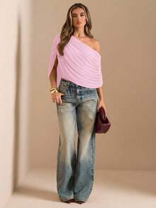 SHEIN BAE Höst/Vinter Enfärgad Brun/Kaffefärgad Off-Shoulder Rynkad Elegant Bodysuit, Tätt Åtsittande Elegant Smal Bodysuit, Draperad Topp - Babyrosa - Visa 5