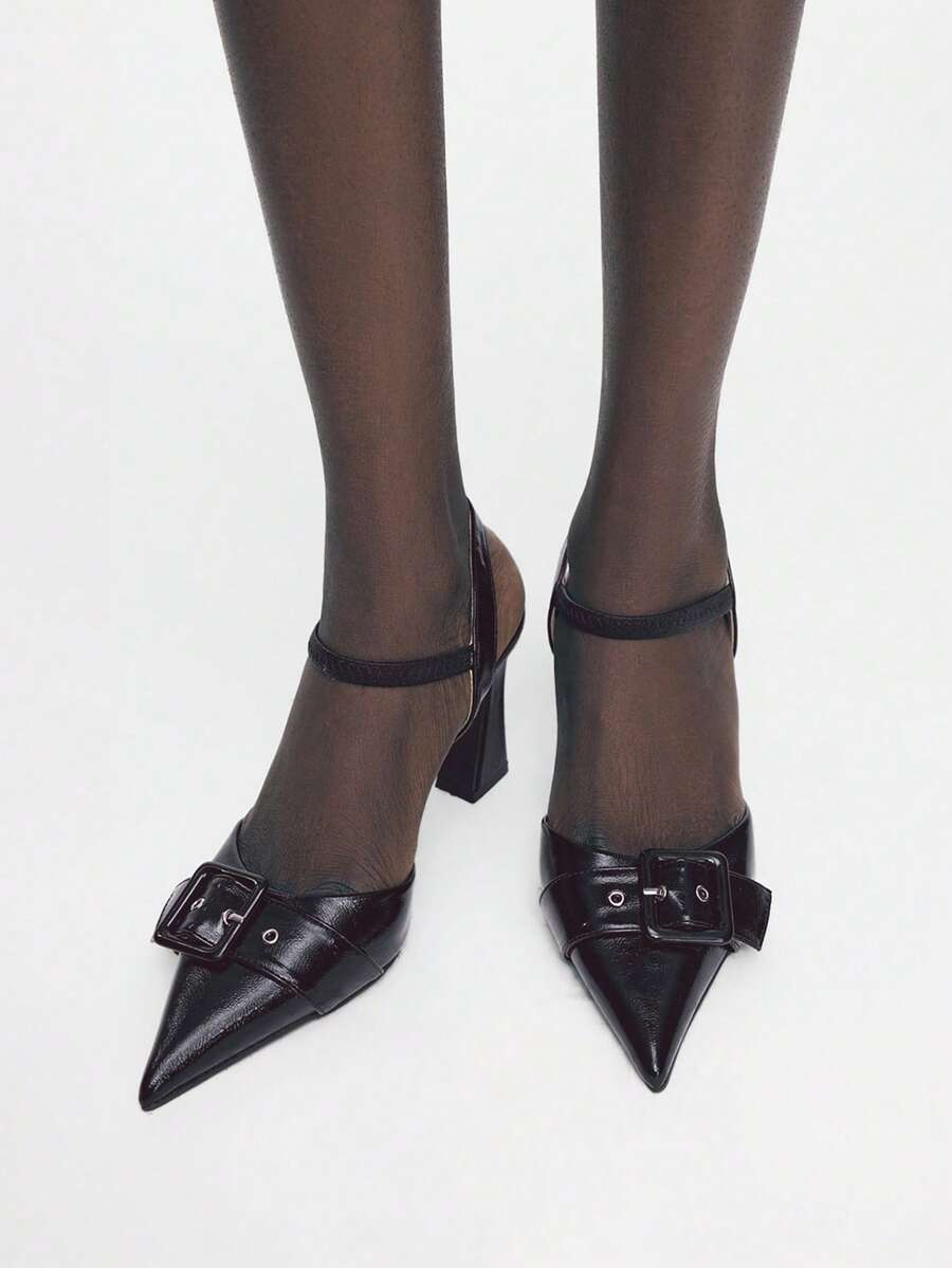 Mnmlis Giày cao gót đen thời trang, đa năng, có khóa cài, kiểu dáng casual, đế dày, dễ xỏ cho nữ. - màu đen - Xem 1