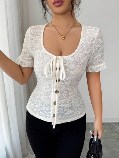 Elenzga 女士优雅修身方领系带腰身纽扣休闲/工作/约会百搭奶油黄T恤