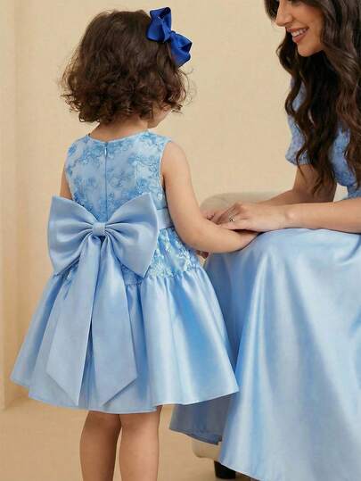 Glamorique Kids Baby Girls' Blue Satin Dress With 3D Floral Embroidery, High-End Formal Dress For Infant Birthday, Wedding Guest, Suitable For Holiday, Party