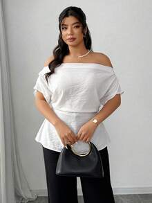 Elenzga Plus Size Women's Elegant Ruched Drawstring Tie Waist Off-Shoulder Blouse, Spring/Summer - White - View 1