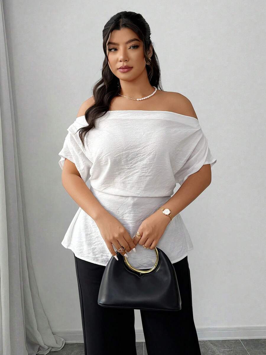 Elenzga Plus Size Women's Elegant Ruched Drawstring Tie Waist Off-Shoulder Blouse, Spring/Summer - White - View 1
