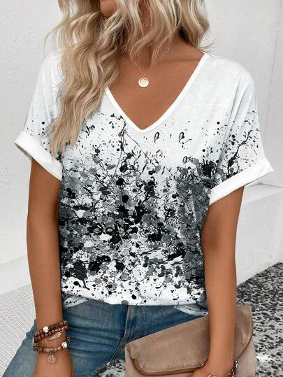 EMERY ROSE Women's V-Neck Short Sleeve Cuff Camouflage Print T-Shirt, Spring/Summer