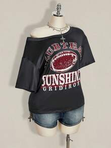 SHEIN ICON Plus Size Women Y2K Vintage Football Graphic Oblique Shoulder Loose Casual T-Shirt - Multicolor - View 7