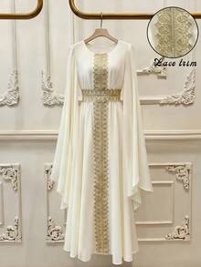 GlowEve Women's Elegant Split Sleeve Glittering Floral Lace Trim Dress With Tie Waist Fall Cloth - Apricot - View 1