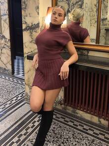 Bethéva Autumn/Winter New High Collar Knit Top + Knitted Blend Midi Skirt 2-Piece Set For Women Christmas Red Burgundy Casual - Burgundy - View 1